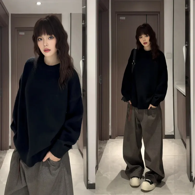 纯黑色加绒毛衣男女秋冬穿搭美式复古套头外套高级感慵懒风针织衫