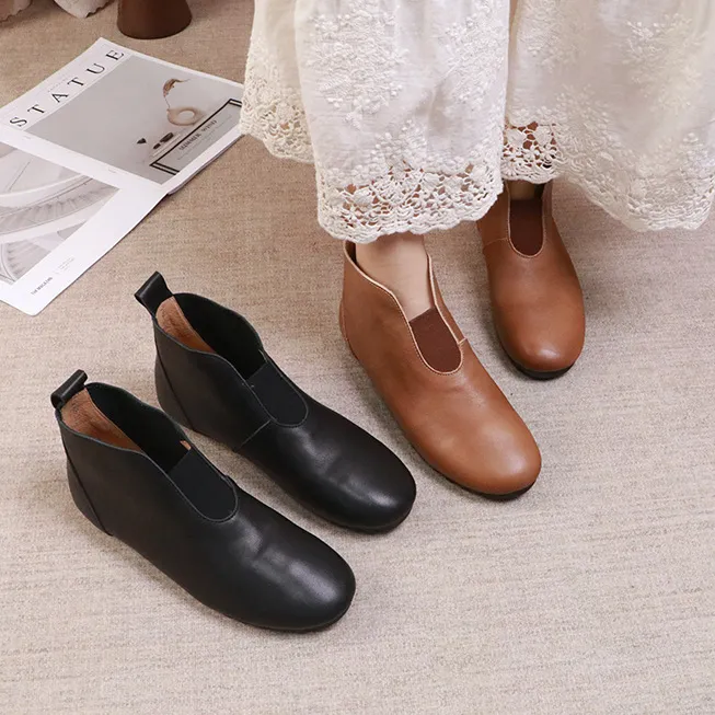 头层牛皮女鞋2025森系风真皮软皮软底学院风简约舒适短靴高帮皮鞋