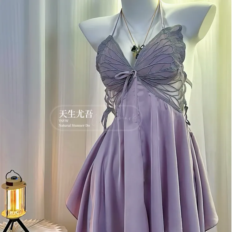 【破茧之欢】内衣冰丝睡衣加胸垫聚拢蝴蝶睡裙