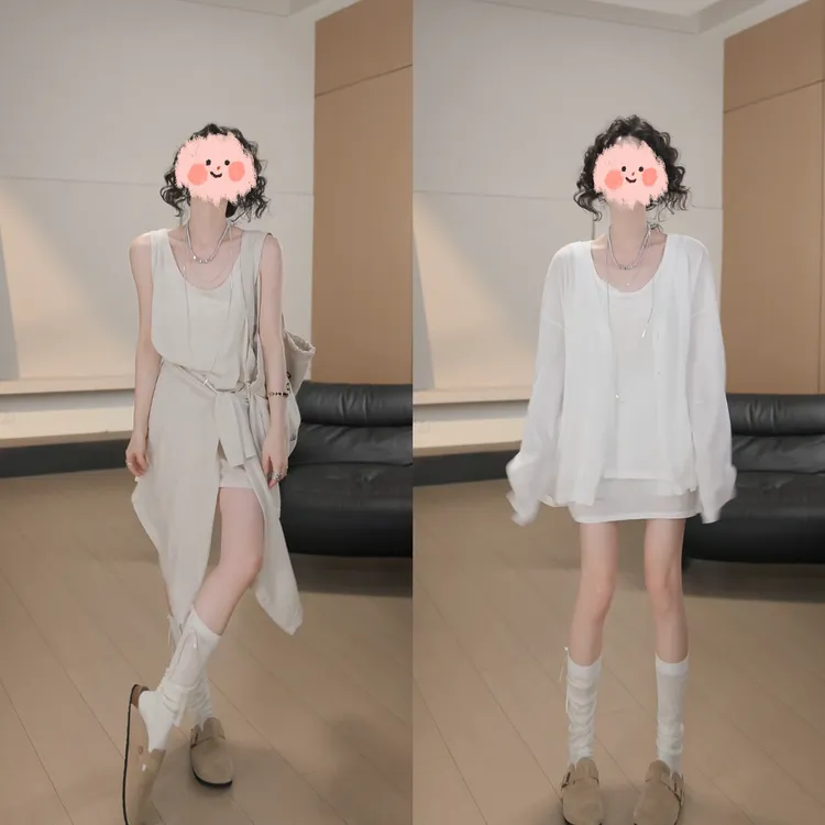 2025夏季穿搭一整套时尚气质休闲纯色背心防晒开衫显瘦短裙三件套