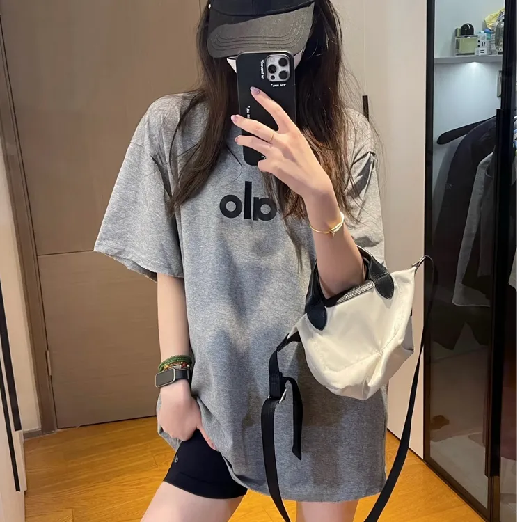 alo夏季时尚休闲黑色发泡字母短袖大T恤女宽松圆领情侣男女同款