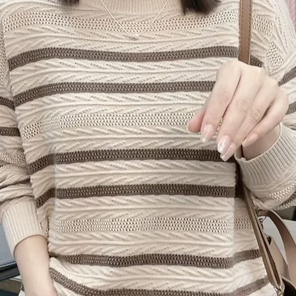 港式复古风卡其色条纹长袖针织衫女秋冬季时尚通勤百搭简约打底衫