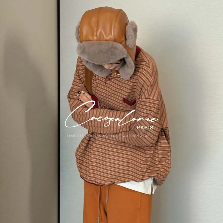 韩彬彬“必爆无疑”棉石墨烯条纹亨利领宽松复古女款长袖T恤3096-8