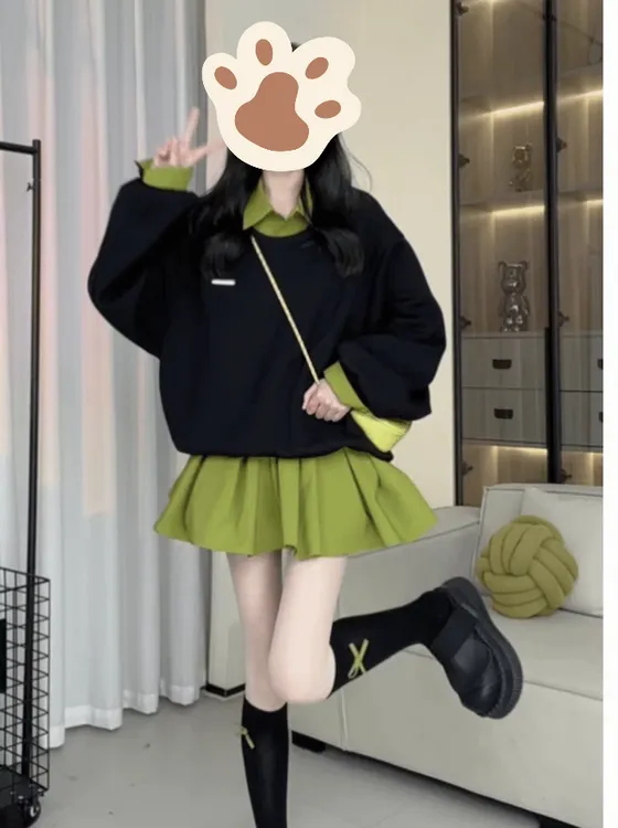 假两件牛油果撞色拼接卫衣裙2025春季新款韩版宽松设计感小众气质