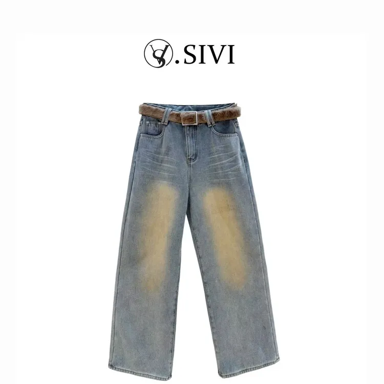 熙薇【风迹塑形】2025冬季新款加绒怀旧复古洗水闪闪牛仔裤H7022