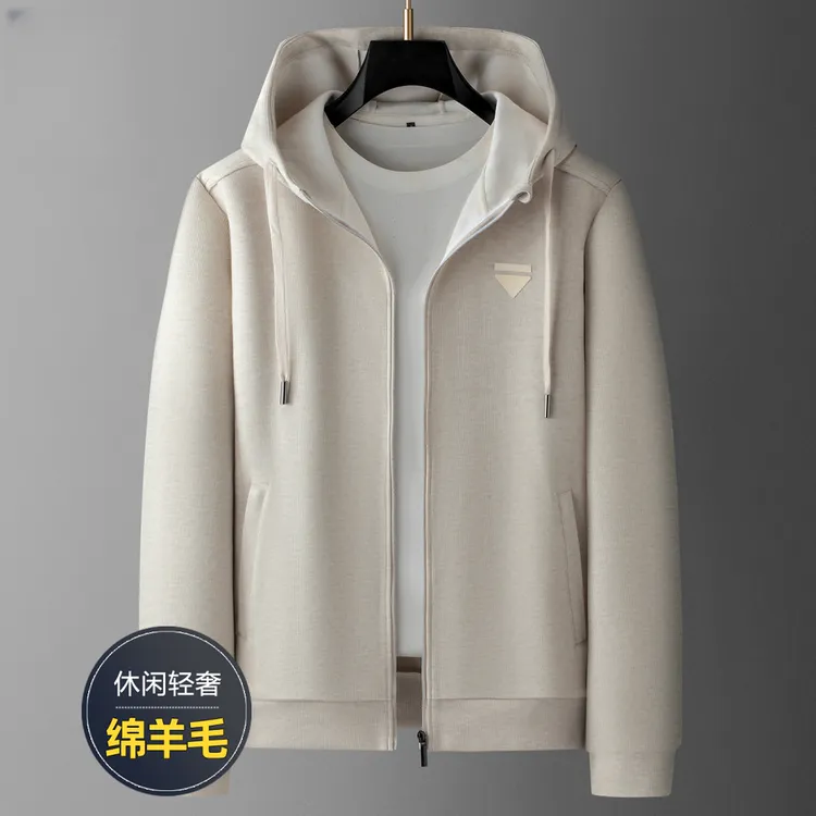 高端羊毛开衫卫衣男士春秋宽松休闲连帽夹克轻奢潮牌运动外套男款