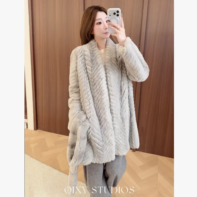 QIXIAOYAO.皮草丝绒青紫蓝兔皮毛一体皮草外套冬季新#YTKG25T93