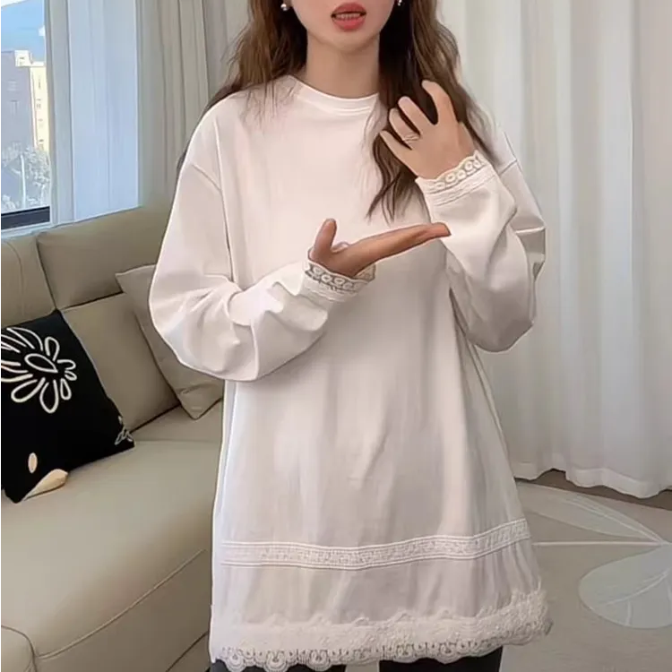 圆领白色蕾丝拼接长袖T恤女薄款2025早春新款百搭中长款打底上衣