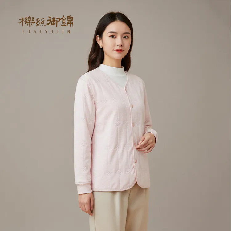 柞蚕丝棉服女士冬季圆领开衫加厚套保暖提花女款棉服外套5D045H