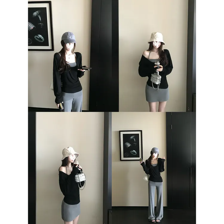 纯欲慵懒风女装长袖罩衫内搭吊带背心高腰包臀裙翻边直筒休闲裤
