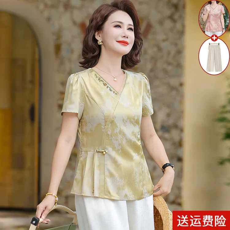 中年妈妈夏装短袖衬衫上衣高贵夫人气质小衫中老年人女装夏季套装