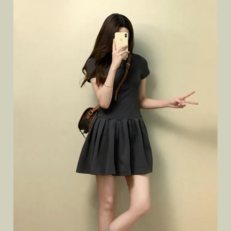 法式复古学院风短袖Polo领衬衫连衣裙女夏季设计感收腰气质短裙