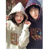 美式国潮小众刺绣套头连帽卫衣男女2025秋冬新款情侣宽松百搭上衣