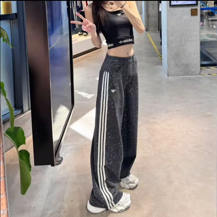 adidas阿迪达斯三叶草新款欧若风豹纹休闲阔腿直筒长裤KA2679