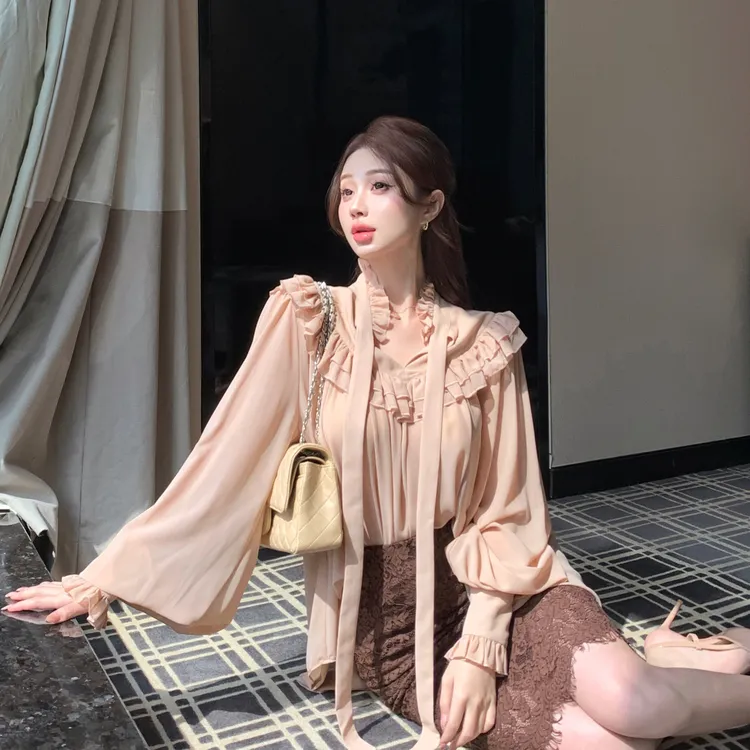法式长袖雪纺衫丝带轻奢高级感通勤衬衣+蕾丝花边包臀半身裙