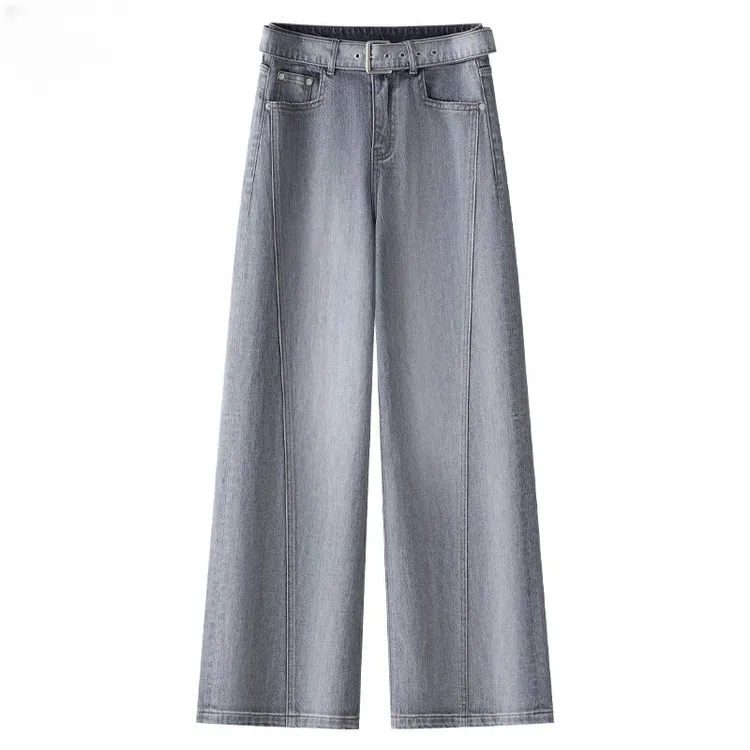 水泥灰阔腿牛仔裤女2025春季新款美式高街爆款裤子春款高腰直筒裤
