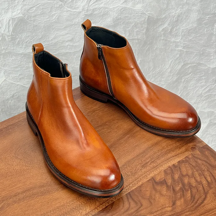 复古擦色手工缝制马皮靴子男士真皮大底水洗透气高帮马丁靴带拉链
