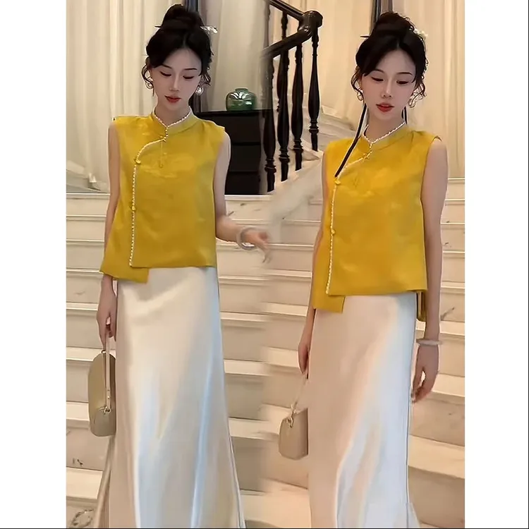 新中式套装女2025夏季新款国风提花无袖马甲上衣高腰半身裙两件套