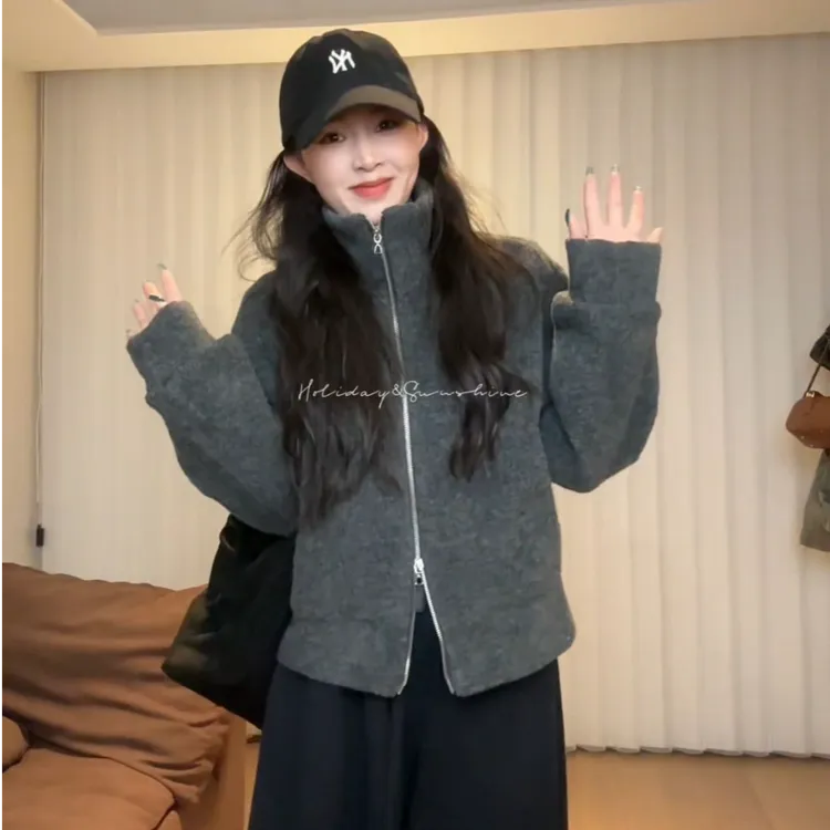 宽松休闲羊毛毛针织衫短款都市休闲上衣翻领落肩袖秋冬