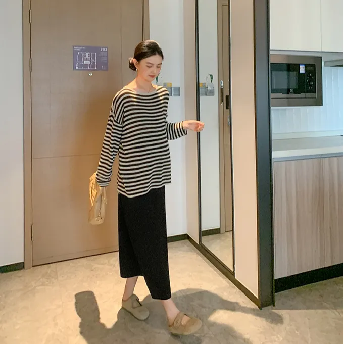 ZMA孕妇装【长袖冰丝针织衫】春秋慵懒风套早秋新款条纹孕妇半身裙