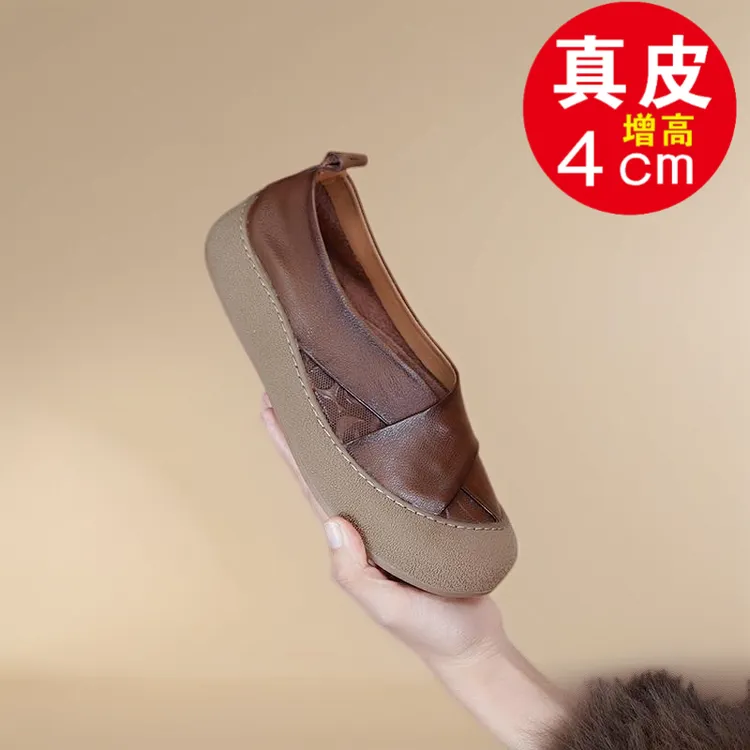 万达撤柜真皮春夏新款厚底软底单鞋女复古妈妈鞋浅口圆头休闲女鞋