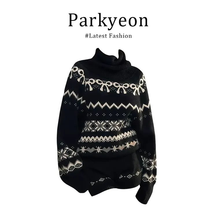 INS CEC费尔岛高领针织毛衣条纹女辣妹上衣短裤秋冬显瘦两件套