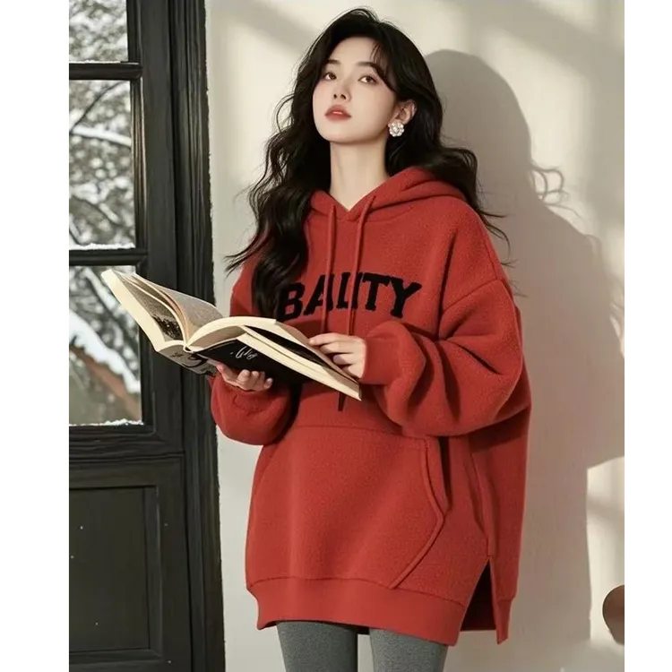 2025新款爆款时尚洋气oversize美式高街红色印花连帽加绒卫衣女