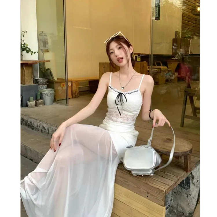 法式性感透视网纱白色半身裙女新款蝴蝶结绑带蕾丝小吊带背心套装