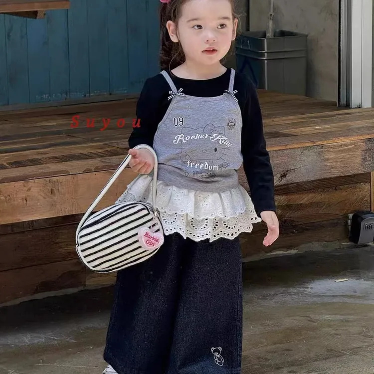 女童套装2025秋卡通假两件长袖上衣休闲牛仔直筒裤两件套