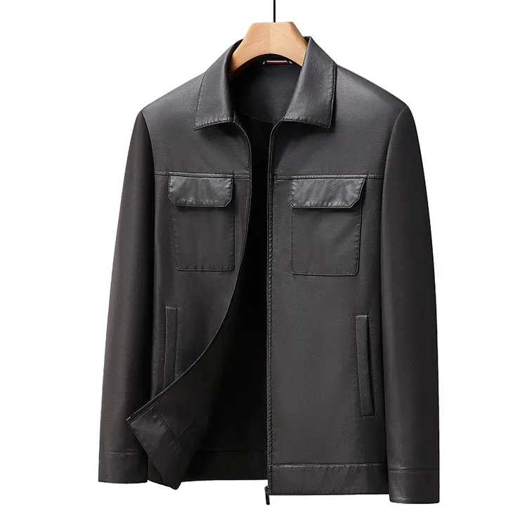 秋冬时尚修身翻领大码男士商务休闲PU夹克外套大码男装秋冬上新PX