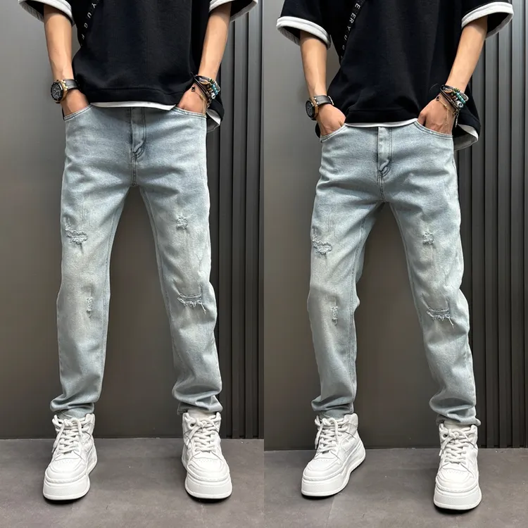 男式高街破洞百搭牛仔裤潮牌痞帅修身显瘦直筒裤男水洗做旧阔腿裤
