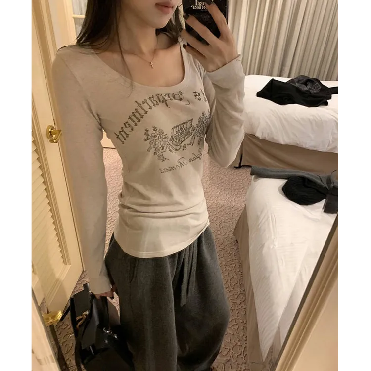 复古Rose时髦天菜 印花长袖上衣T恤女秋冬内搭