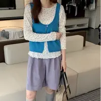 A409-韩系套装温柔甜美针织马甲背心碎花打底t恤两件套上衣女