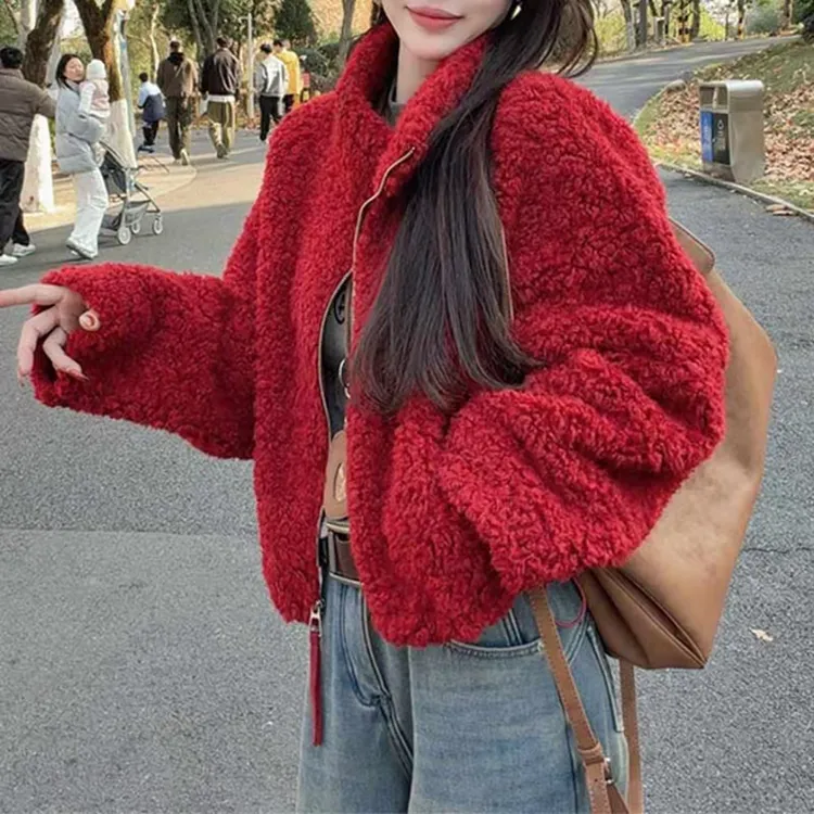 厚款名媛淑女风气质立领宽松小个子毛绒外套女