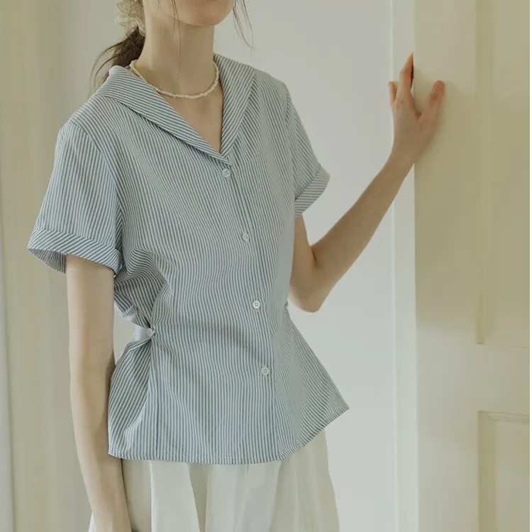 法式通勤海军领蓝色条纹短袖衬衫女2025夏季学院风减龄显瘦上衣
