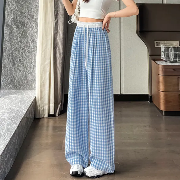 冰丝格子裤女夏季薄款高腰垂感2025新款直筒休闲宽松慵懒风阔腿裤