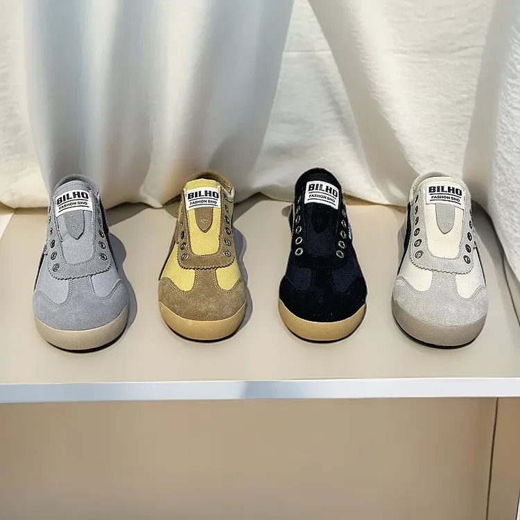 四季新款低帮一脚蹬布面拼接防滑软底板鞋舒适透气休闲百搭男鞋