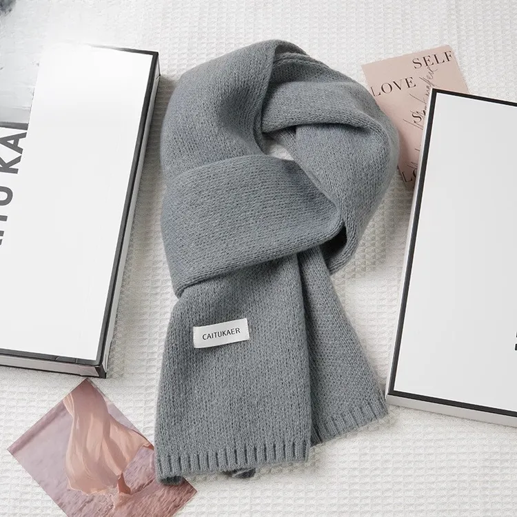 针织百搭情侣纯色保暖网红韩版秋冬季男士简约长款灰色围巾男女通