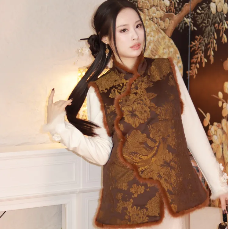 深圳原创水貂毛新中式提花夹棉老钱风秋冬马夹外穿不臃肿女士马甲