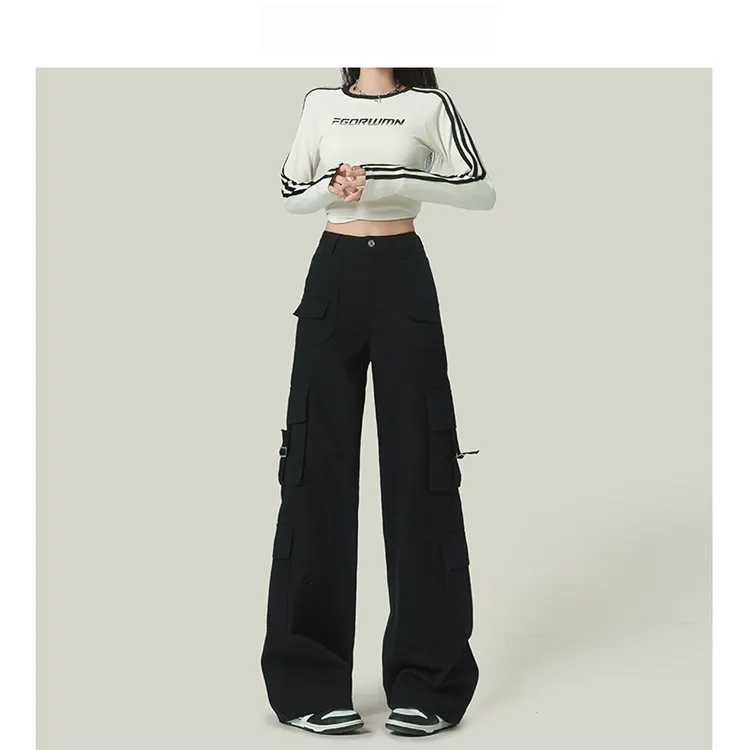 美式黑色高腰阔腿工装裤女设计感宽松垂感休闲直筒裤子2025夏新款