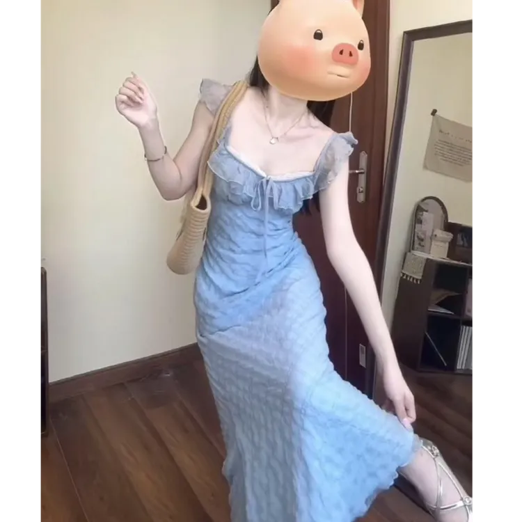 【薄荷雪糕】高级感时尚气质穿搭2025新款韩版小飞袖收腰连衣长裙子