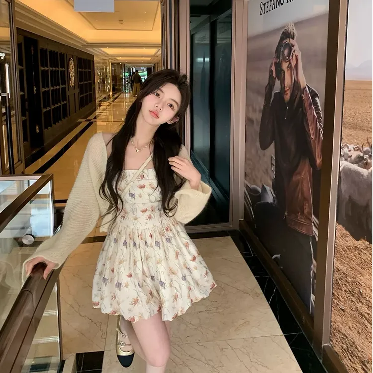【Spring繁花裙】早春度假感韩系甜美少女明媚碎花吊带蓬蓬裙配开衫