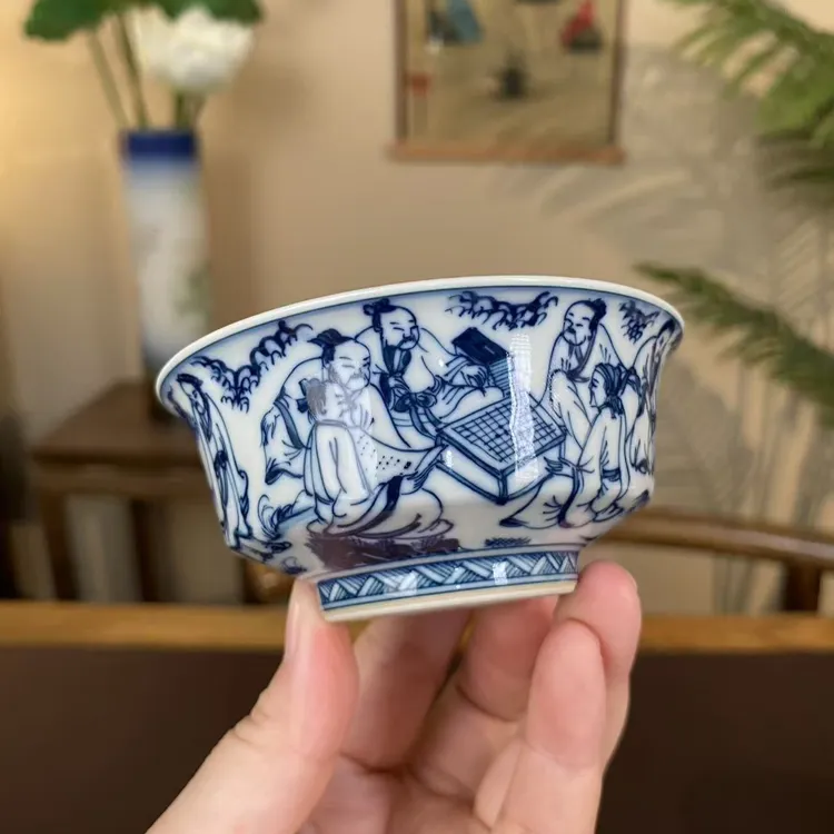 【记石柴窑】空白期人物琴棋书画马蹄杯 景德镇纯手工手绘茶器茶具