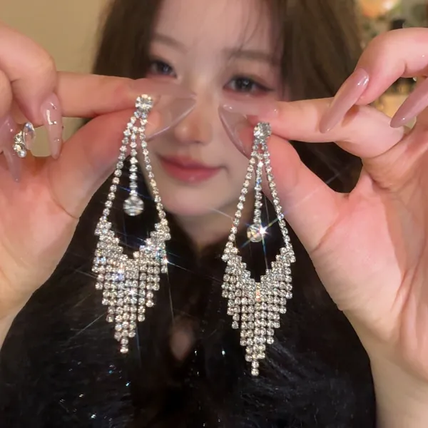锌合金耳饰 银色超闪几何流苏耳钉个性夸张长款耳饰时尚轻奢耳环