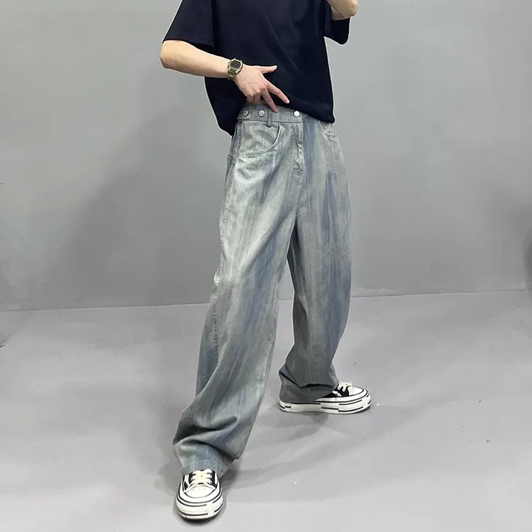 大风车夏季设计感复古扎染洗水蓝色牛仔裤男潮牌宽松直筒休闲长裤