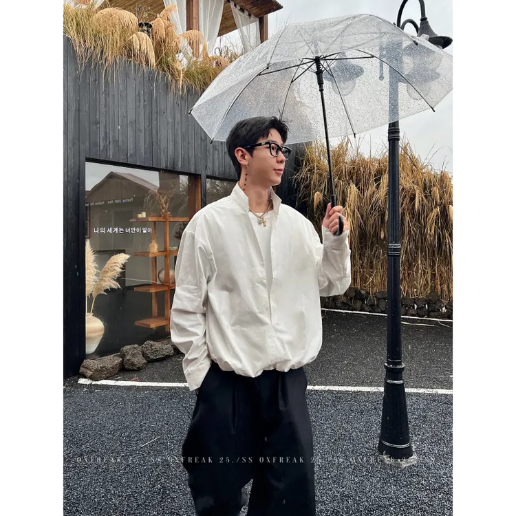 韩系超大码300斤V领设计感长袖衬衫初秋男女轻熟风假两件拼接上衣