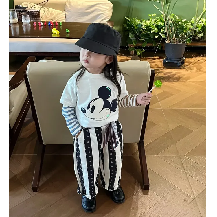现货】壹妈韩版童装女童秋冬套装洋气儿童卡通假两件t恤上衣条纹裤