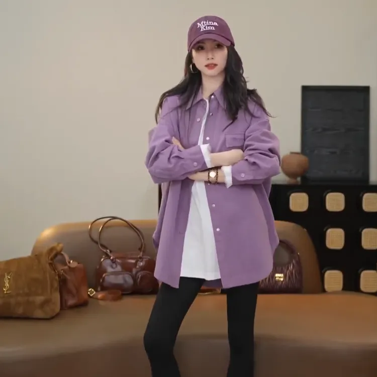 【小乖逃】抗皱牛仔紫色衬衫衬衣外套设计感时尚香芋紫牛长袖231201