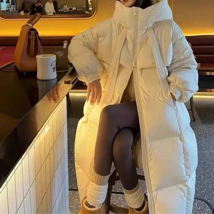【现货】冬季新款中长过膝羽绒服女连帽加厚宽松飘带保暖鸭绒 S50