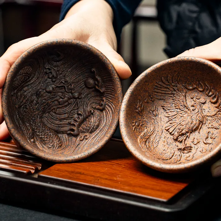 6214宜兴紫砂原矿石黄柴烧龙凤对杯FL茶具茶道用具紫砂杯茶杯